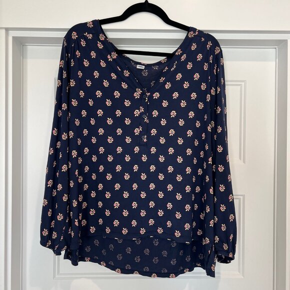 Old Navy Women’s Size Large Cotton/Modal Navy Blue V-Neck Henley Paisley Blouse - Picture 2 of 8